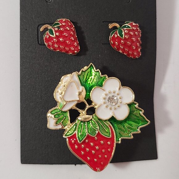 Strawberry Brooch & Earring Set – Red Enamel with White Flower Accent - Picture 1 of 3